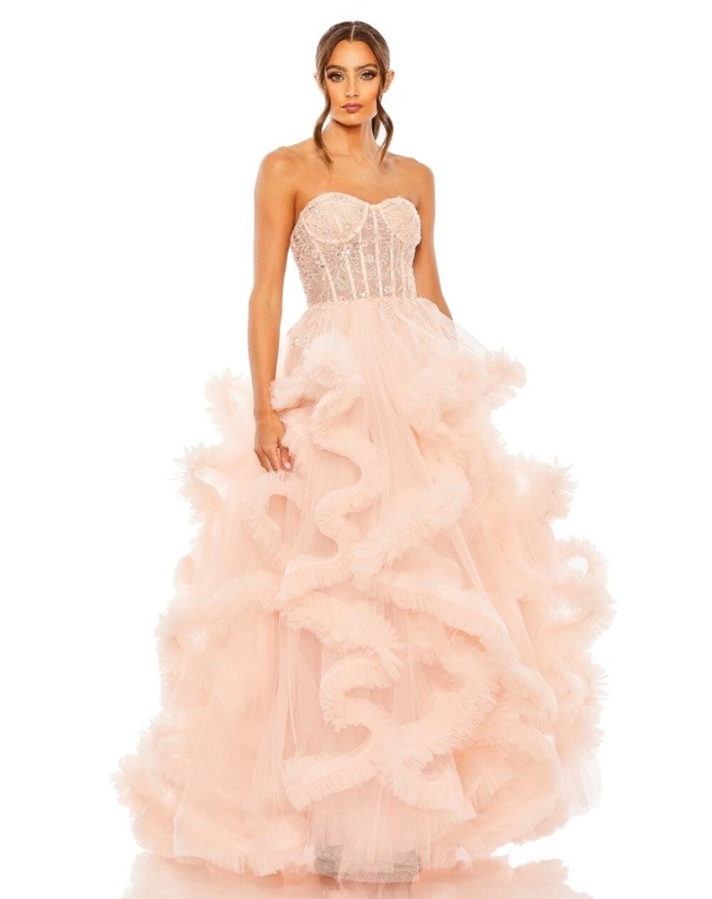MAC DUGGAL Blush Pink Sheer Corset Hand Beaded Embroidered Ballroom Dress Size 8